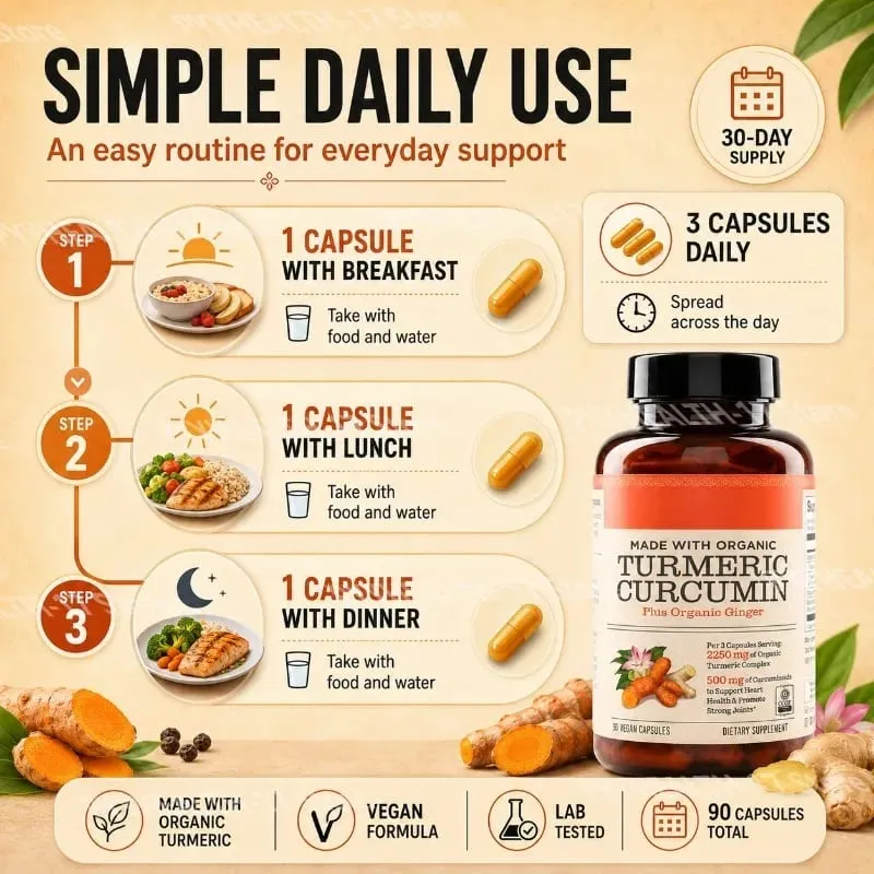 Cúrcuma Curcumina Plus Cápsulas Veganas Feitas com Gengibre Orgânico Apoia a Saúde das Articulações e do Coração 90 Cápsulas Não-OGM