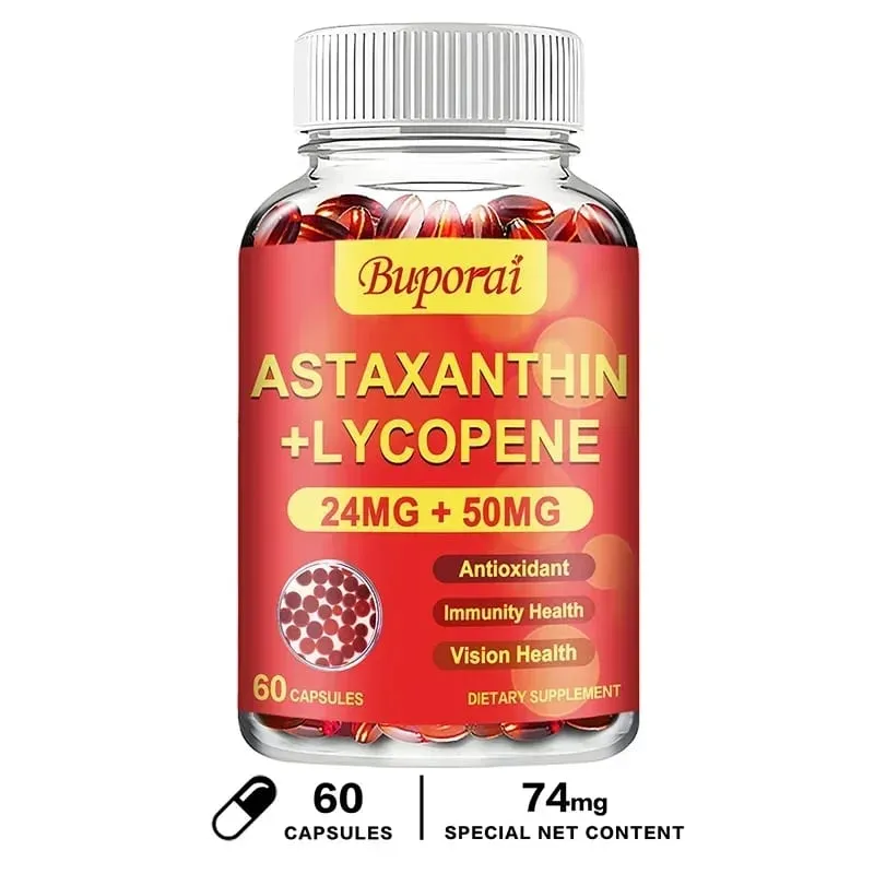 Cápsulas de Astaxantina + Licopeno - O antioxidante apoia a visão do coração e a saúde da próstata, melhora a imunidade