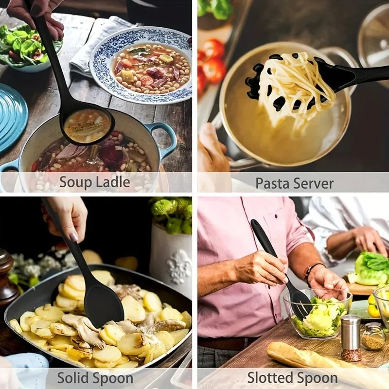 1 ‌ /7-Piece Silicone Kitchen Utensil Set - Non-Stick Spatula Spoon Skimmer Pasta Clip & More for Cooking & Baking