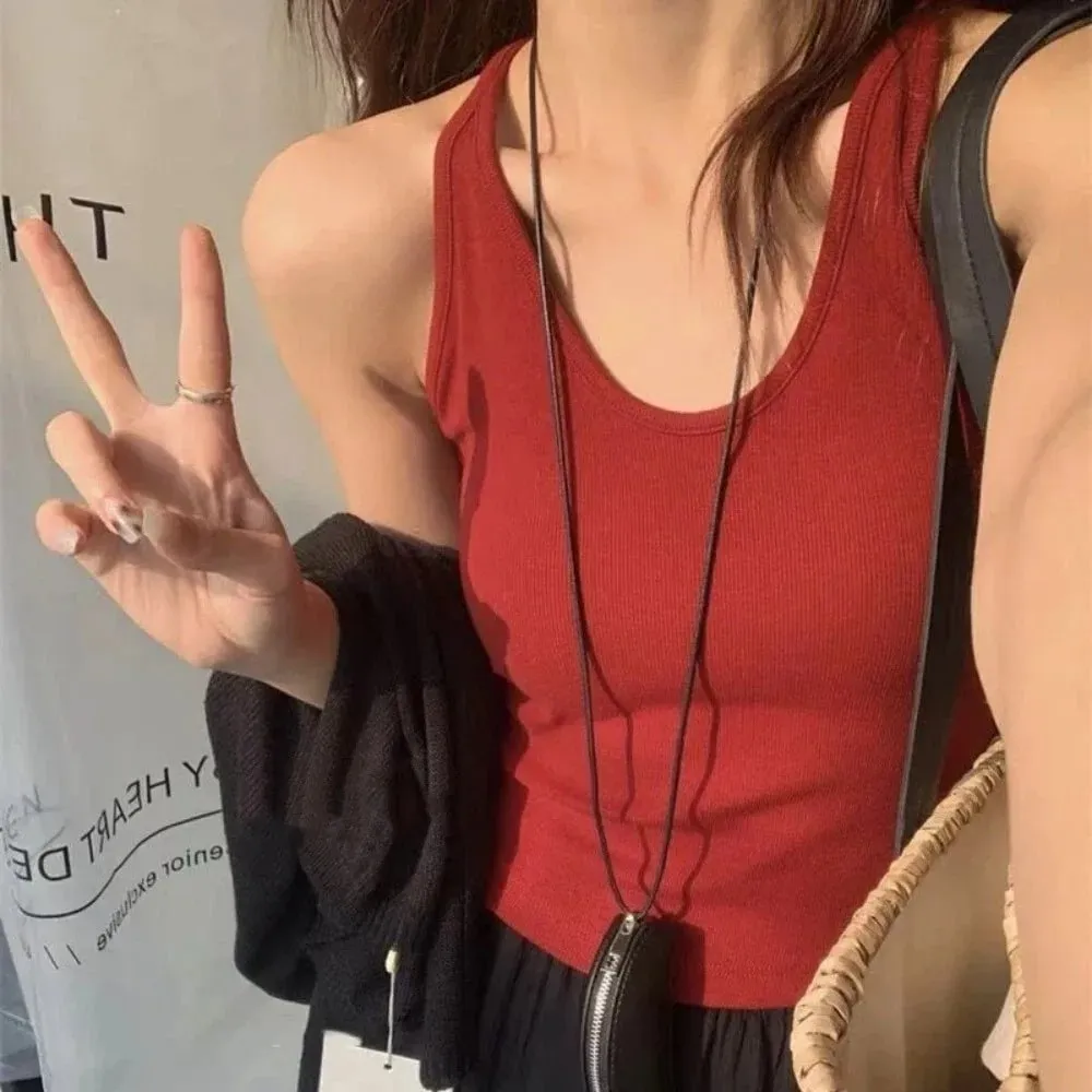 Estilo coreano com almofada no peito cinta colete u-pescoço cor sólida sem costas sem mangas superior emagrecimento feminino camis verão