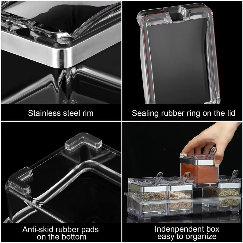 Acessórios de cozinha gourmet caixa de tempero acrílico com 4 colheres de servir conjunto frasco de especiarias condimento garrafa cruet suprimentos de cozinha