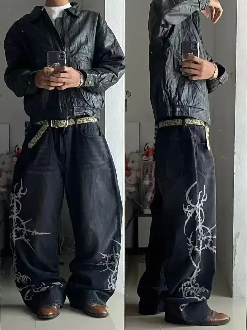 Y2K Vintage Gótico High Street Denim Preto Lavado Gradiente Espinha Aranha Lírio Estampa Jeans Perna Larga