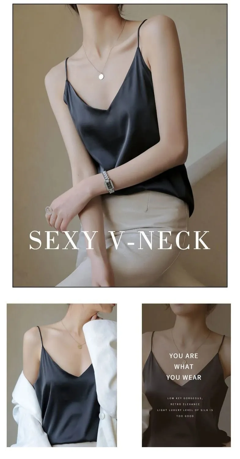 Mulheres Halter V Neck Básico Branco Cami Spaghetti Strap Top Sem Mangas Cetim De Seda 2026 Regatas Femininas Camisola De Verão