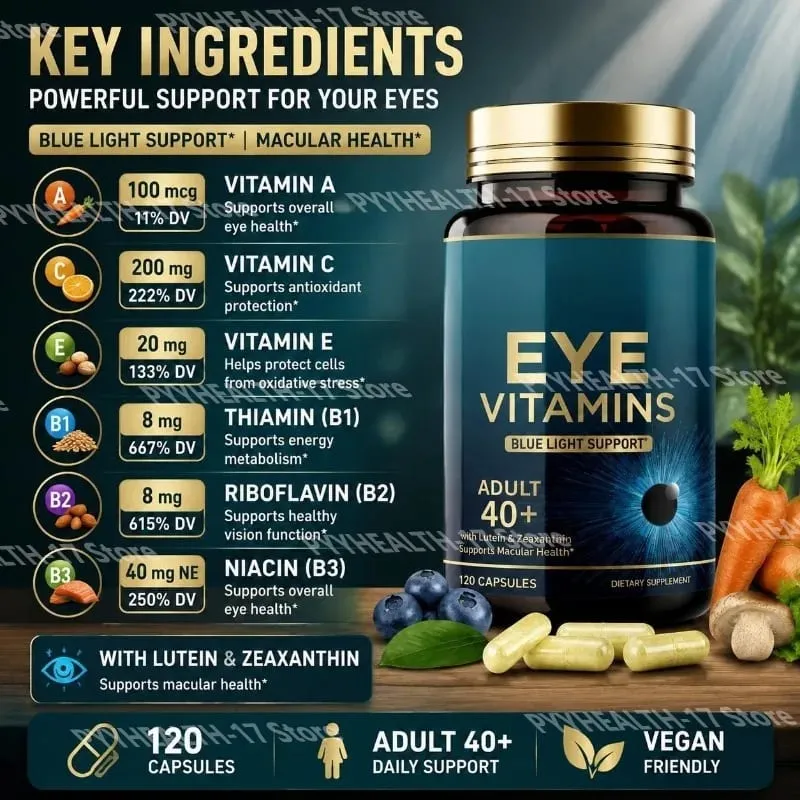 Cápsulas de vitaminas para os olhos, suporte de luz azul com luteína e zeaxantina para mais de 40 cápsulas de suporte à saúde macular para homens e mulheres 120 cápsulas