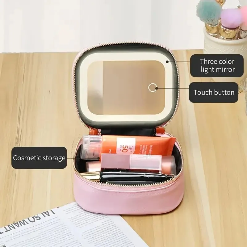 Bolsa de armazenamento de ferramentas comestic portátil com espelho led pequena bolsa de maquiagem com 3 modos de luz orangizer para pincéis e batom