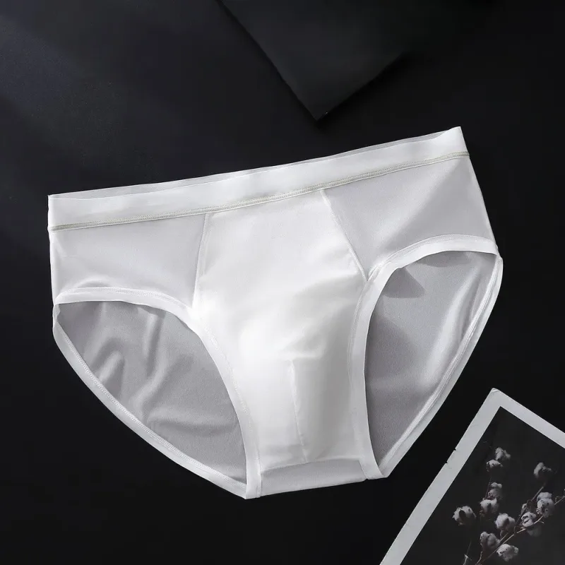 Cuecas de seda gelo sem costura masculina, roupa íntima com protuberância, calcinha sólida respirável, sexy em u convexo, lingerie