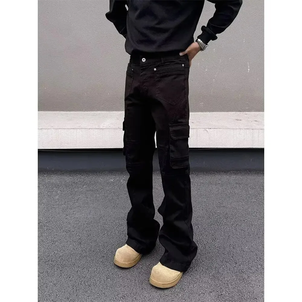 American style Vibe retro heavy industry multi pocket splicing workwear jeans men's straight tube micro flared slim fit long pan