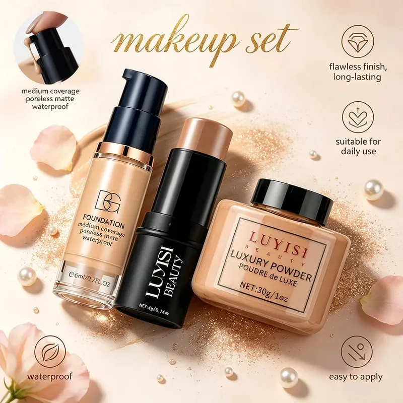 Conjunto de maquiagem facial: 1 unidade de base + 1 unidade de bastão de contorno + 1 unidade de pó de configuração, cobertura completa, cosméticos macios à prova d'água e à prova de suor.