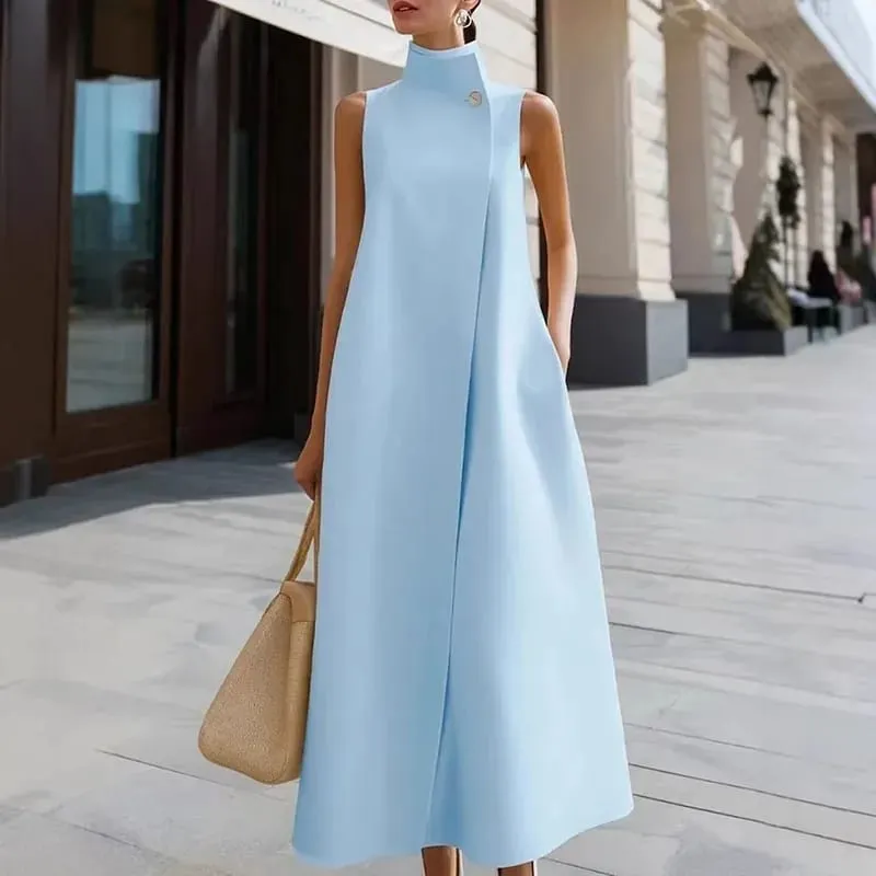 Moda simples único botão gola alta maxi vestido feminino primavera sólido bolso a linha vestido longo verão sem mangas vestidos boêmios