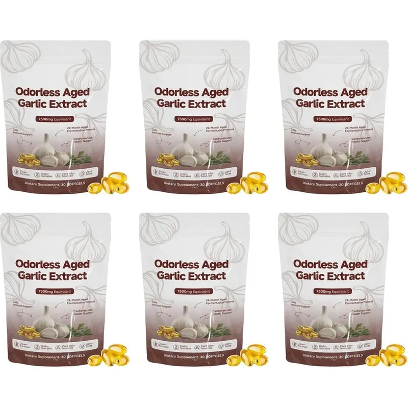 Extrato de alho envelhecido inodoro 7500mg Softgels equivalentes 30 contagens Suplemento diário de alho Coração e suporte geral de bem-estar