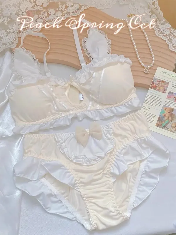 Bonito japonês coelho orelha sutiã calcinha conjunto sem fio fino triângulo sutiã para pequeno peito plano respirável roupa interior diária S-XL