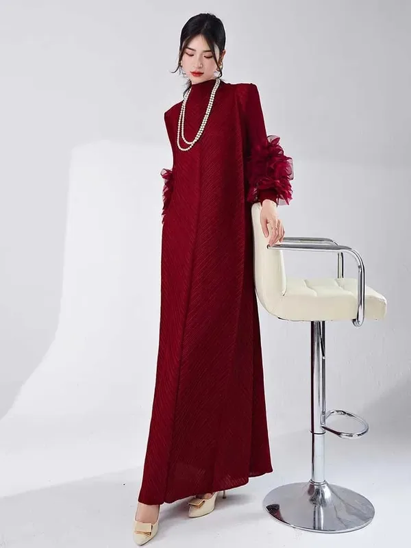 Vestido longo plissado com mangas babados, solto, cor sólida, costura, roupas femininas para festa, verão, roupas novas 2da5900