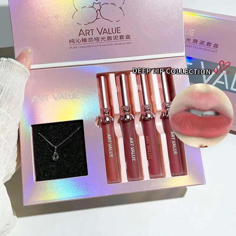 VALOR DA ARTE 4 Pcs Lipgloss Batom Líquido Duradoura Hidratante Maquiagem Espelho Lip Glaze Conjunto Com Colar Lip Tint Beleza Maquiagem