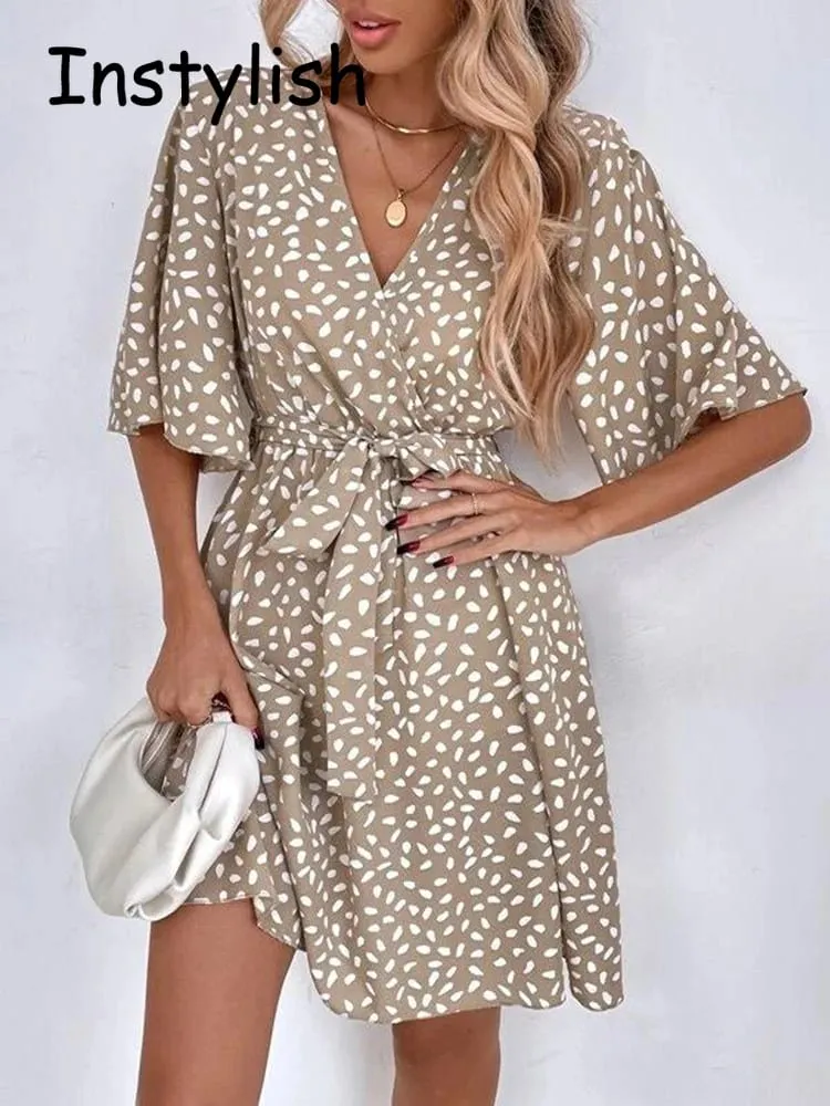 Casual dot print mini vestido com cinto elegante chique meia manga v pescoço a linha vestido de verão vintage harajuku vestido curto praia festa