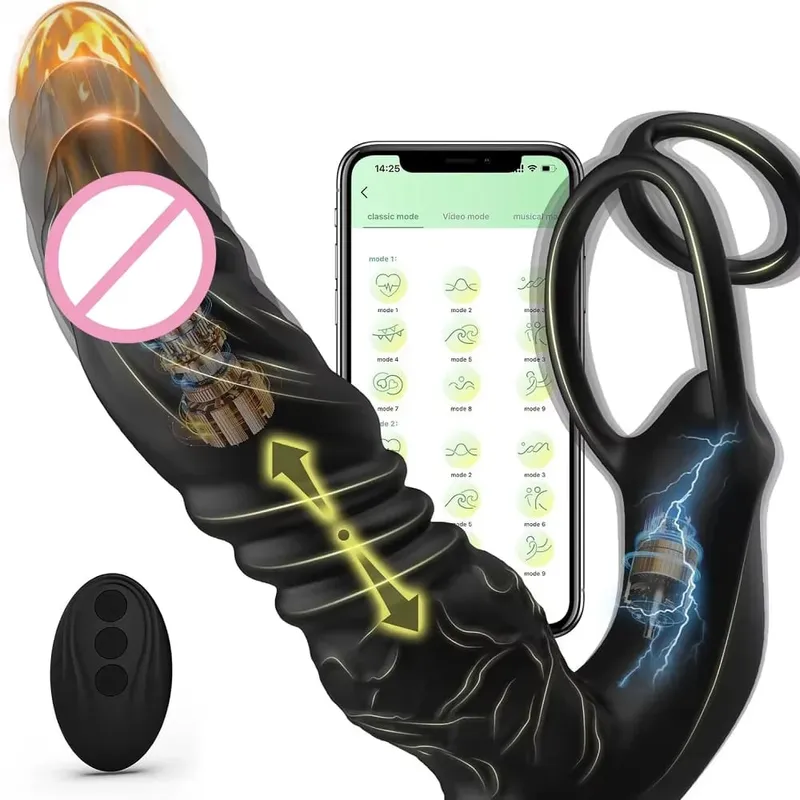 Bluetooth app vibrador vibrador massageador de próstata empurrando telescópica próstata anal com anel peniano brinquedo sexual para homens casais