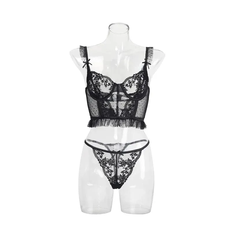 Sexy sutiã breve conjunto babados dot lingerie bordado flores calcinha sólida roupa interior rendas dois fechamento traseiro conjuntos exóticos íntimos