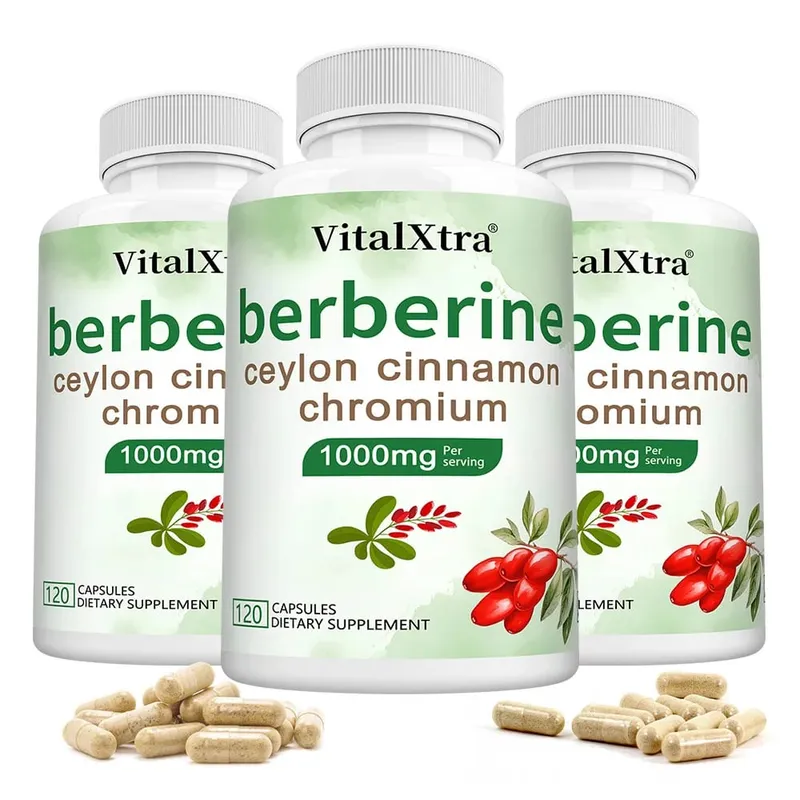 Cápsulas de berberina com canela do Ceilão e cúrcuma apoiam a saúde do coração, açúcar no sangue, função hepática, saúde imunológica e digestiva