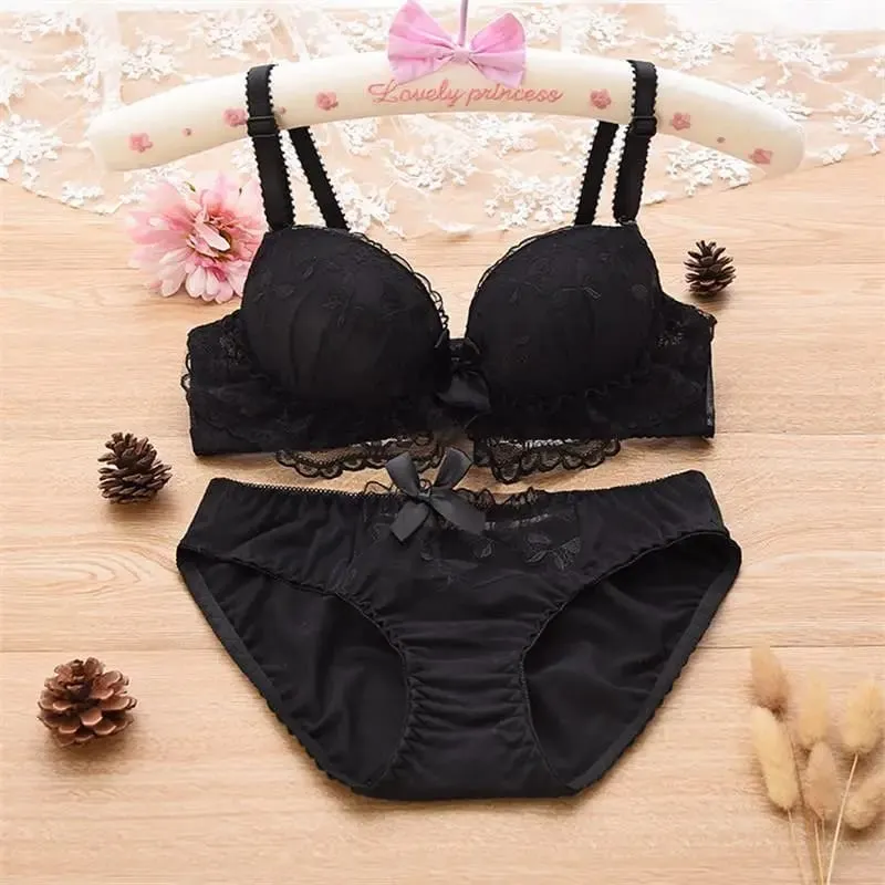 Conjunto de lingerie sexy renda flor confortável macio underwire push up sutiã e calcinha ab cuptwo-piece moda íntima estilo coreano