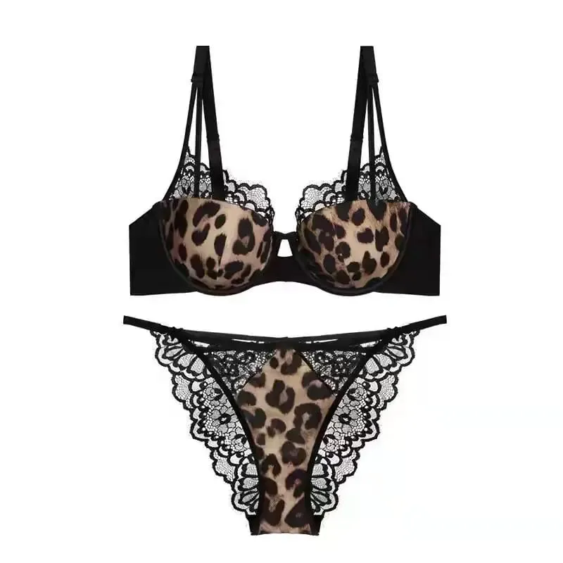 Nova chegada delicado macio underwire leopardo impressão copo fino conjunto de roupa interior push up anti flacidez lado controle gordura conforto bralette — image 2