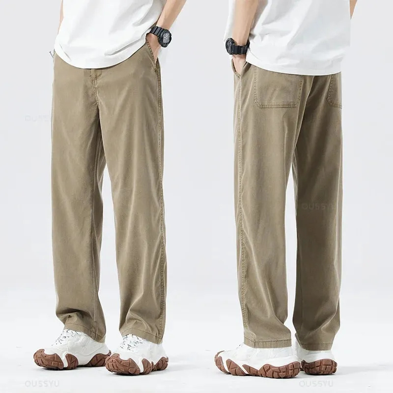 Verão macio lyocell tecido jeans masculino fino solto calças retas cordão elástico na cintura coreia calças casuais plus size M-5XL