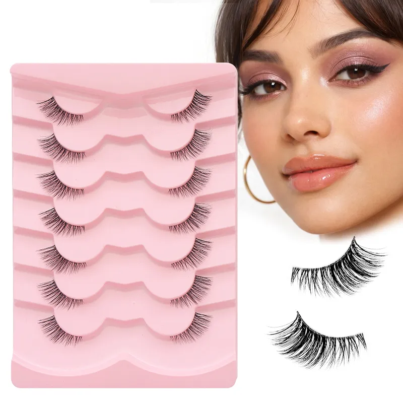 7 Pairs Natural Lashes Wispy Half Clear Band Strip Lashes False Eyelashes Soft Fluffy Lightweight Eye Lashes Makeup