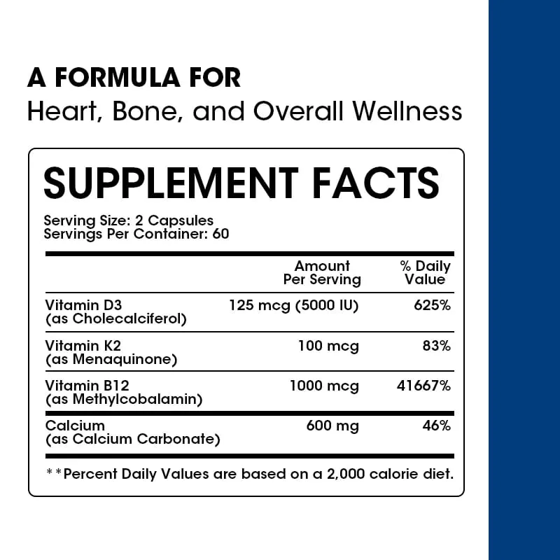 Kexinsh Vitamin D3K2 Capsules Vb12 Calcium Support Calcium Absorption Bone Teeth Heart Brain Health Joints Immune Function