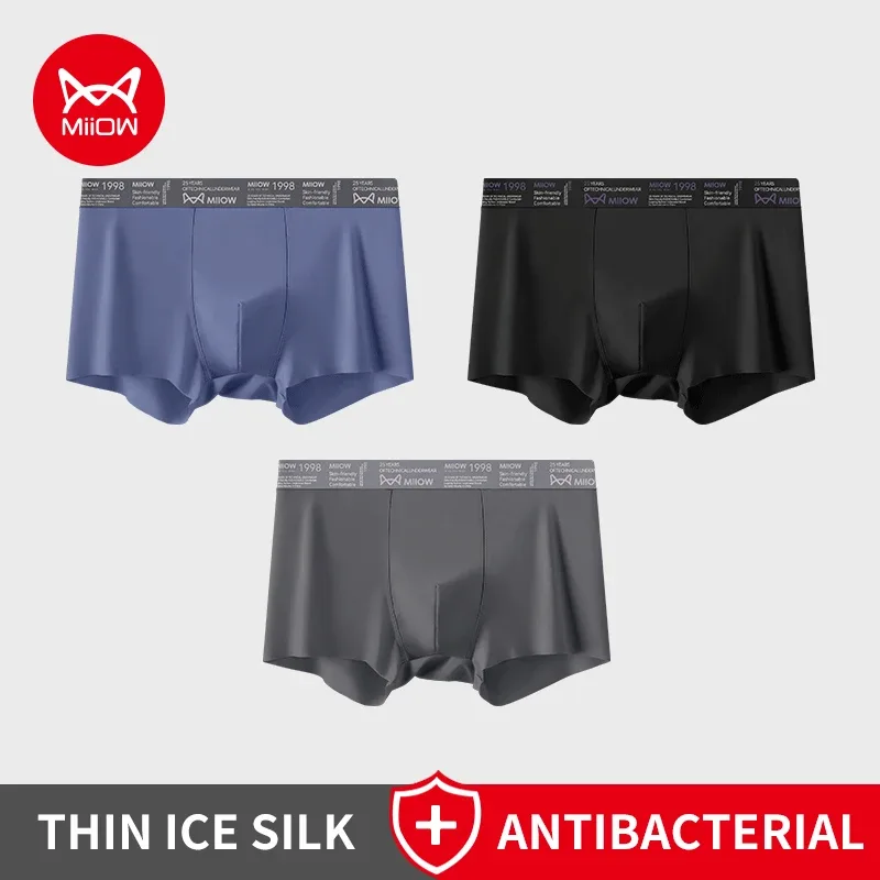 MiiOW 3Pcs Ice Silk Men Underwear Boxers Breathable Ultra-thin Mens Underpants Antibacterial Men's Panties Seamless Mens Boxers