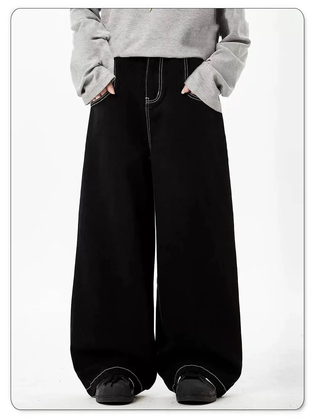 Spring Summer Men's Retro Black Baggy Wide Leg Jeans American Basic Unisex Daily Casual Denim Pants Women's Black Stacked Jeans