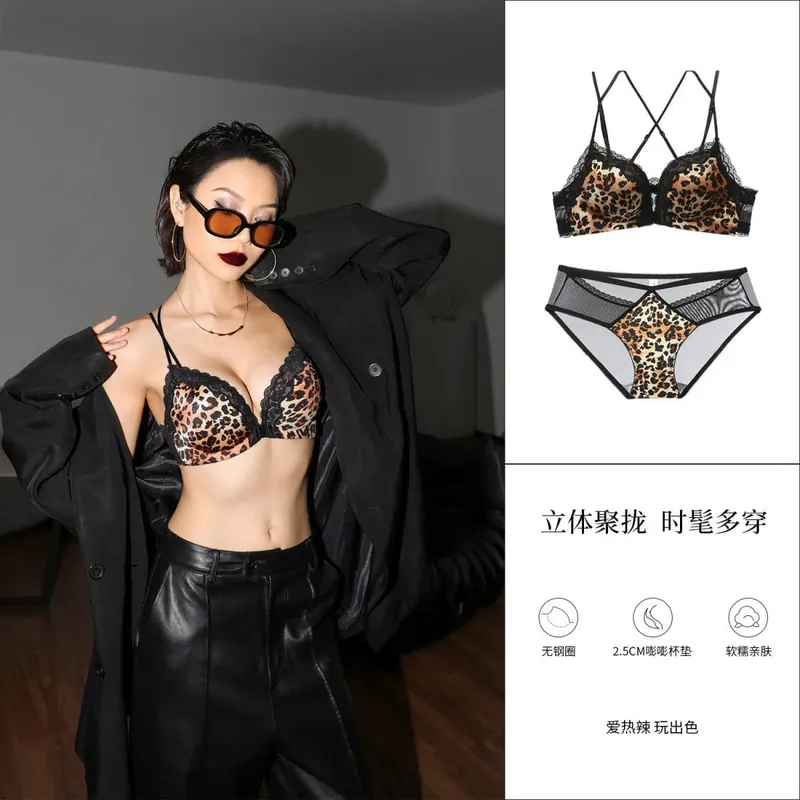 Victoria estilo conjunto de lingerie sem fio rosa leopardo padrão fechamento frontal sutiã sensual volta push up para busto pequeno 32-38