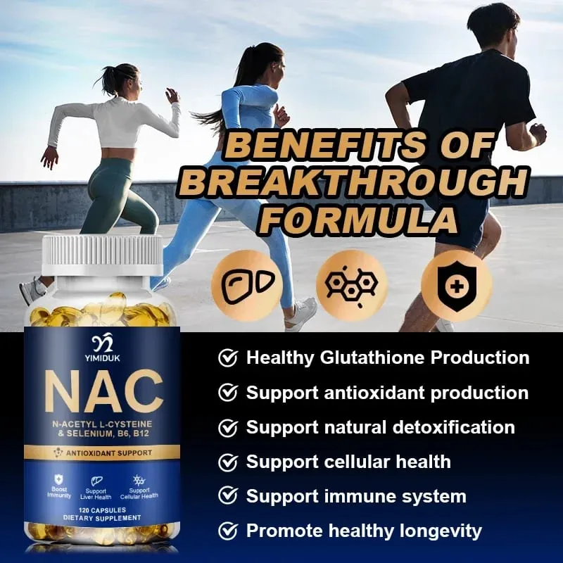 Cápsulas NAC puras com vitamina B12 apoiam a hidratação da pele, antioxidante, desintoxicação da saúde celular imunológica, homens e mulheres