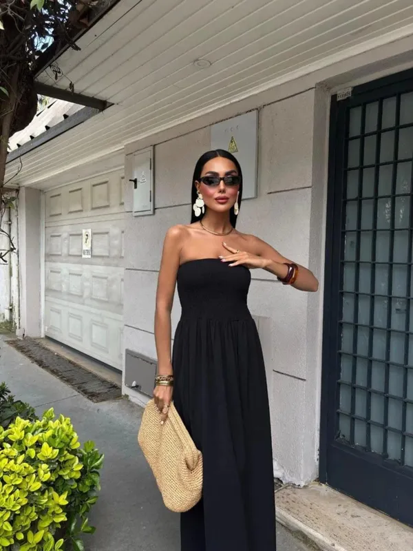 2026 nova moda verão cor sólida fora do ombro sem alças cintura-cintura vestido longo para mulher
