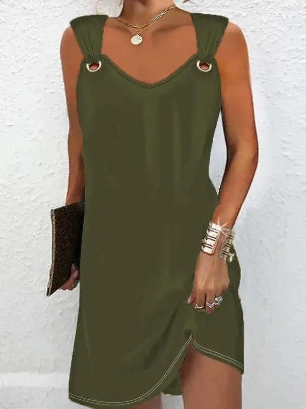 Mulheres verão vestidos casuais 2025 elegante estilo simples cor sólida botão de metal com decote em v sem mangas vestido feminino sexy midi vestidos