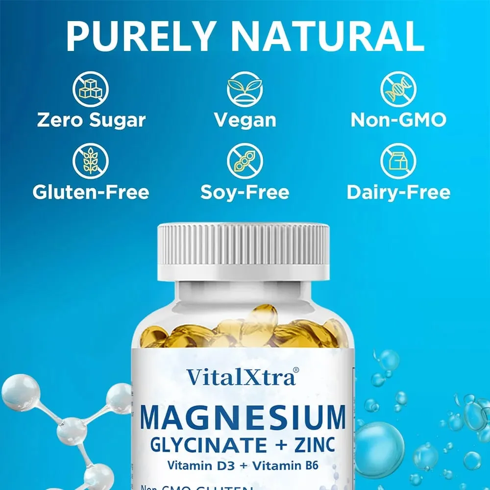 Magnesium Glycinate + Zinc Supplement - Supports Bones Immune System Heart Health Mineral Supplement Helps with Natural Sleep