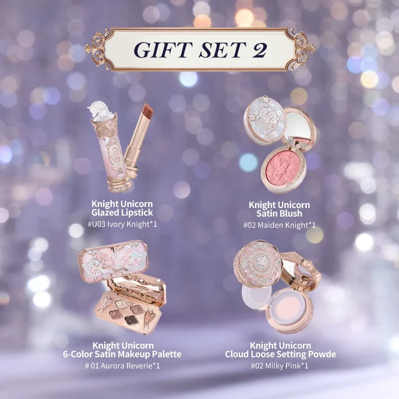 [NOVO] Conjunto de presente da coleção Flower Knows Knight Unicorn inclui paleta de maquiagem + batom + blush + pó solto