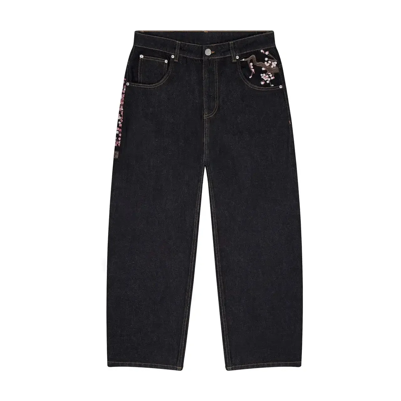 Harajuku retalhos flor de cerejeira bordado calças jeans y2k vintage feminino baggy em linha reta perna larga jeans rua roupas masculinas