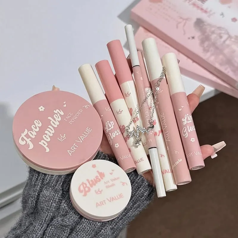 Conjunto de maquiagem ART VALUE inclui 4 esmalte labial, 1 pó prensado, 1 blush, 1 delineador, 1 lápis de sobrancelha, 1 rímel com cosméticos para pescoço