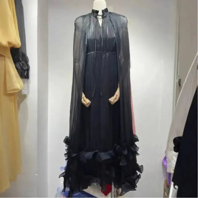 Commuting Style V-neck Cape Style Black Fungus Edge Double-layer Hem Dresses For Women 2026 Autumn New