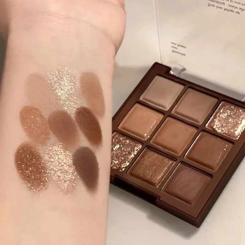 9 Colors Glitter Eyeshadow Palette Chocolate Brown Shimmer Matte Acrylic Eye Shadows Palette Waterproof Korean Makeup Cosmetics — image 7