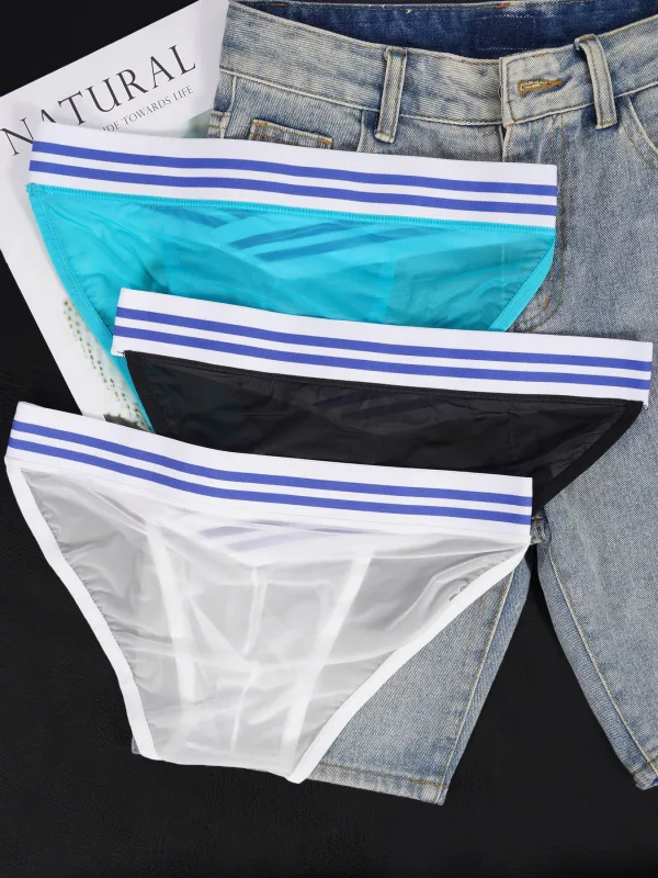 Men's Ice Silk Ultra-Thin Barely-There Mesh Sheer Briefs, Striped V-Shape Elastic Waistband Summer Daily Commute Underwear