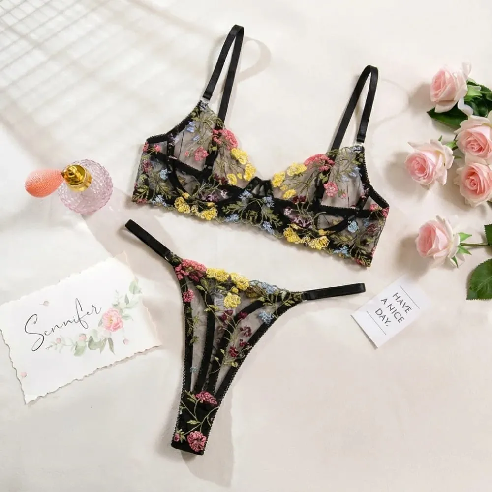Conjunto de lingerie floral de 2 peças, roupa íntima transparente e versátil, íntima, bordado, sutiã push-up, conjunto de calcinha para mulheres e meninas
