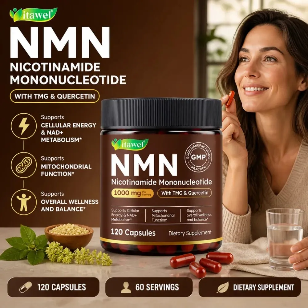 NMN Cápsulas 1000mg Beta Nicotinamida Mononucleotídeo TMG Quercetina Resveratrol NAD+ Metabolismo Função Mitocondrial 120 Contagens