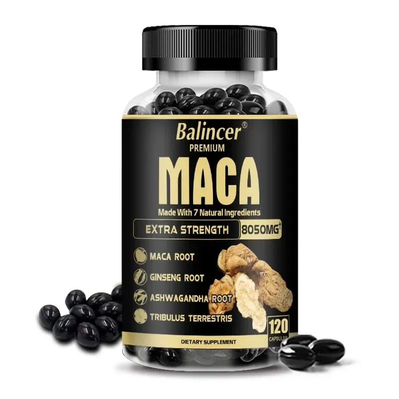 20X Extratos Concentrados Naturais Preto + Vermelho + Amarelo Raiz de Maca Ginseng Coreano Ashwagandha Cápsulas de Raiz de Maca 8050 mg