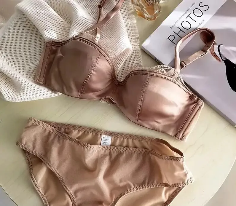 Seção fina meia xícara conjunto de roupa interior calcinha seios pequenos reunidos lingerie tamanho grande ultra-fino sexy rendas meninas sutiã novo