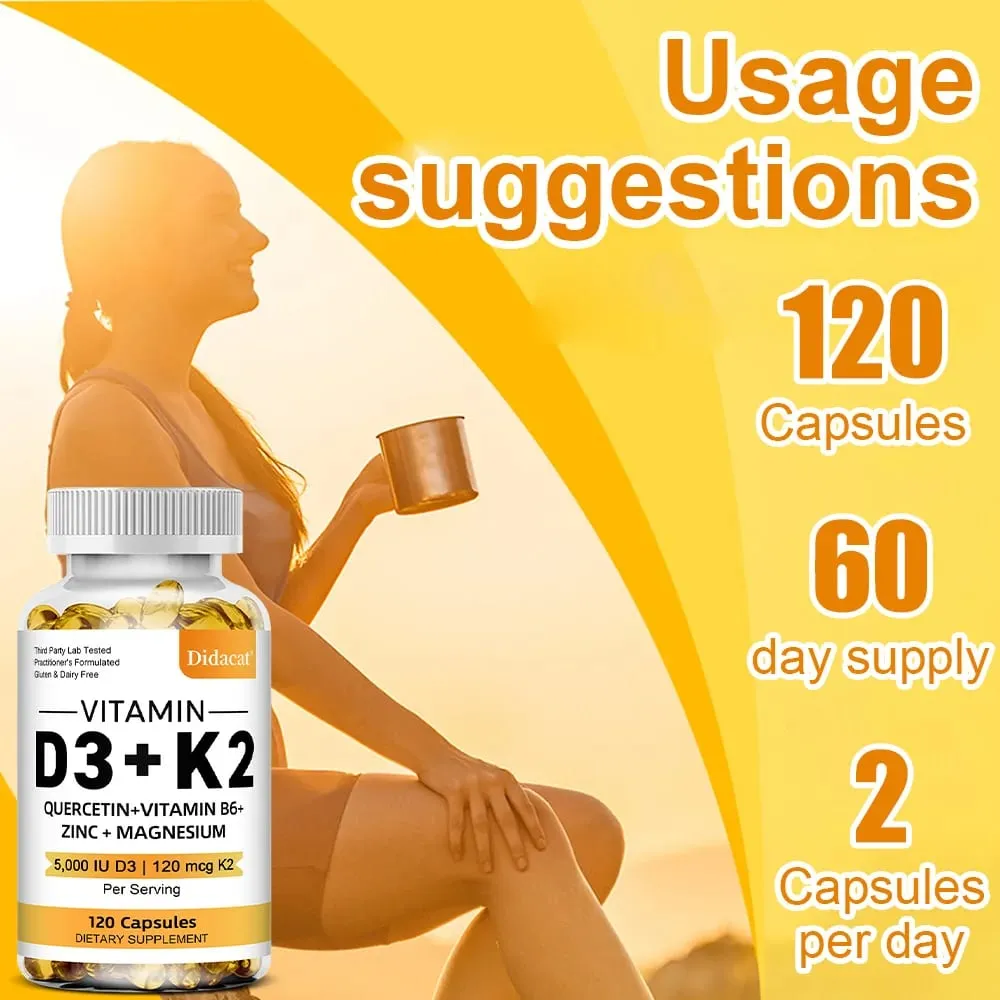 Vitamin D3 K2 Capsules Daily Supplement Healthy Immune System Heart and Bones Multi Diet Supplement for Adults