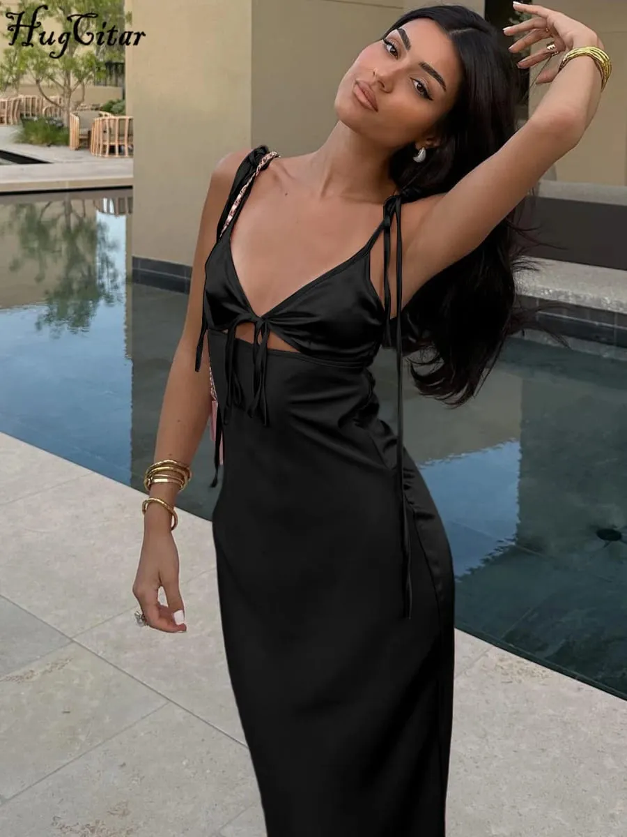 Hugcitar V Neck Solid Slips Backless Hollow Out Lace Up Sexy Bodycon Maxi Prom Dress Summer Women Elegant Outfits Birthday Party