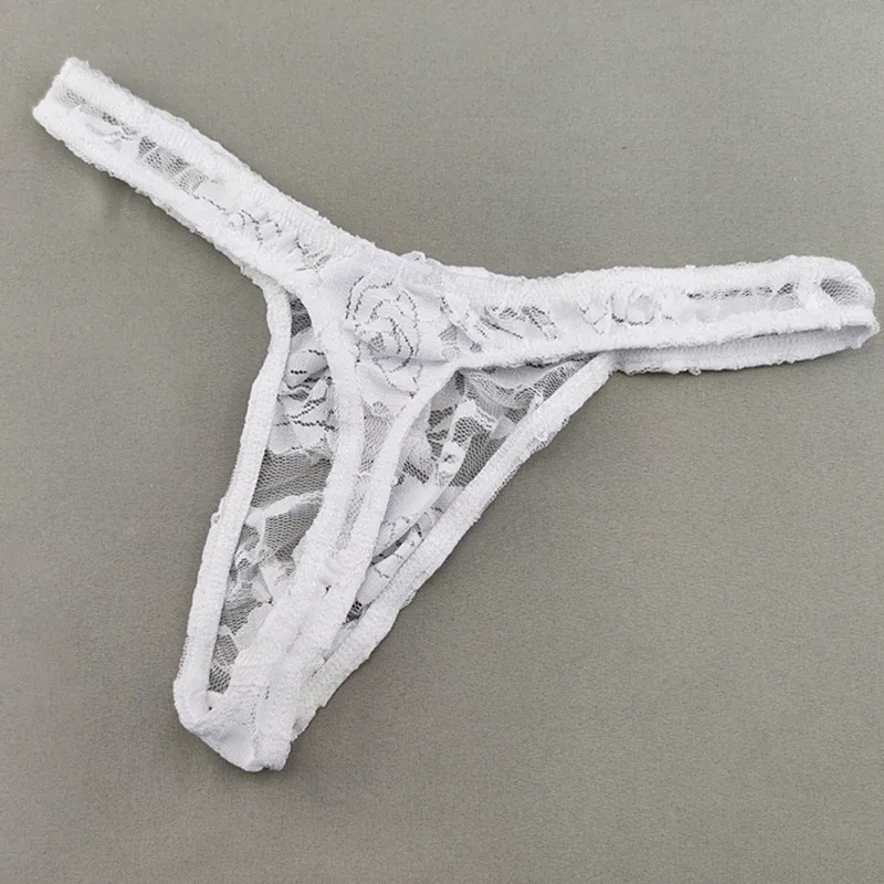 Lace Floral Sexy Men's Underwear Solid Hollow Perspective Thong Comfort Bugle Enhance Sissy G-String Gay Low Rise T-back Panties