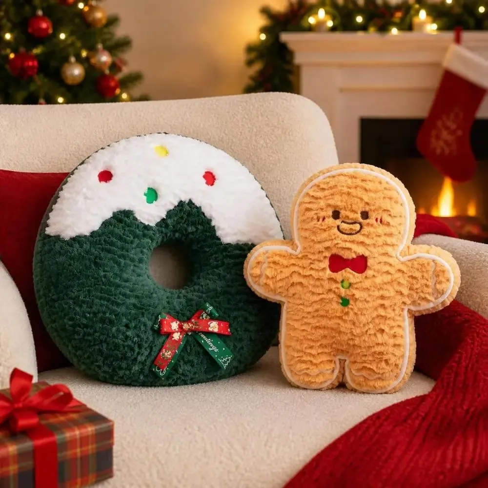 Bonito forma criativa travesseiro de natal padrão sazonal macio gengibre homem almofada confortável cintura almofada decoração para casa — image 2