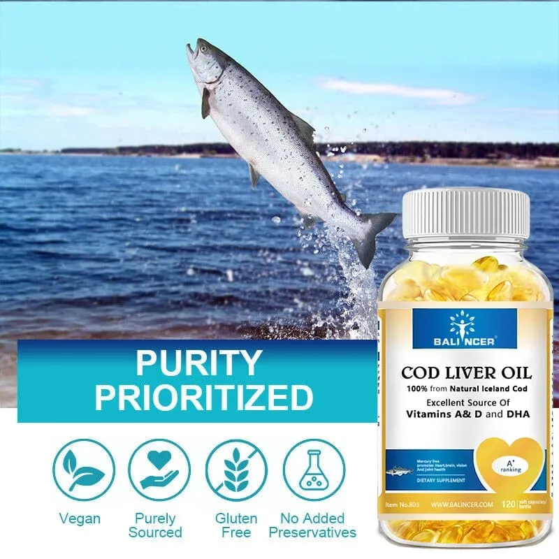Cápsulas de óleo de fígado de bacalhau ricas em vitamina A D e DHA ajudam a manter a pele saudável, cérebro e ossos fortes e melhoram a memória