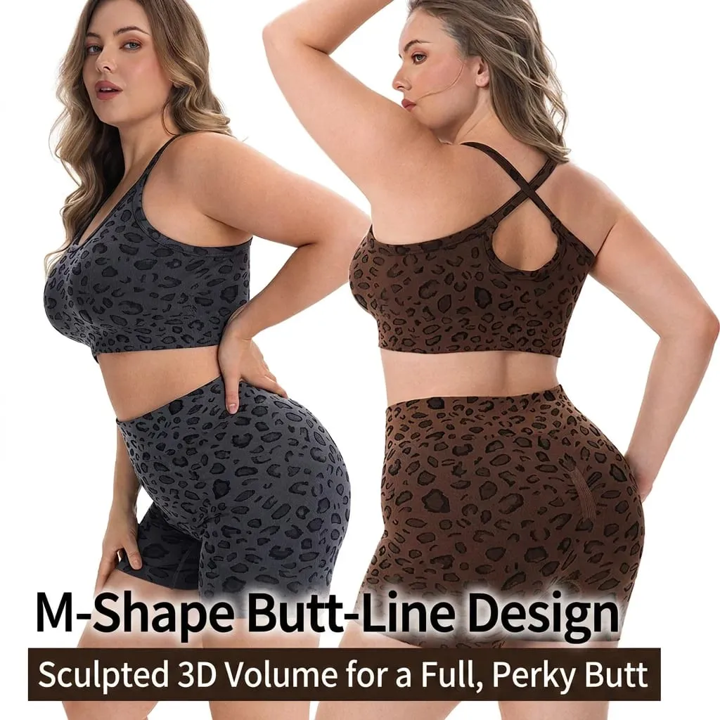 Conjunto feminino plus size com estampa de leopardo, cintura alta, controle de barriga, shorts acolchoados, sutiã esportivo, 2 peças, academia, yoga, corrida