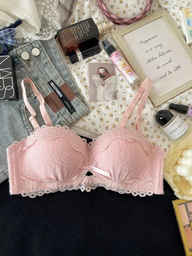 Novo conjunto de lingerie de renda sem fio sutiã acolchoado meia xícara pequeno busto impulso sexy anti-sag roupa interior feminina toda a temporada S-XLAB copo